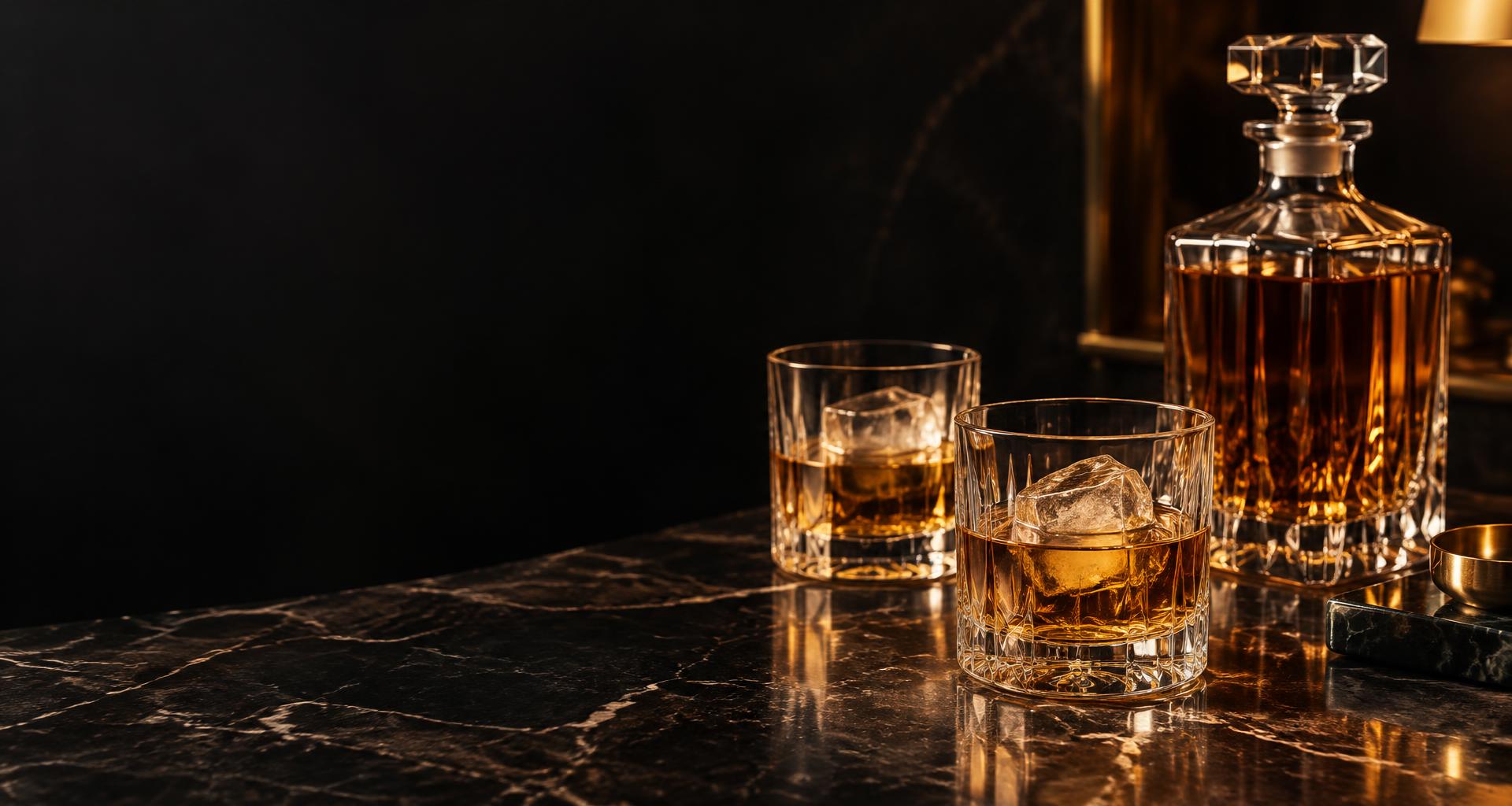 Whisky e taças de cristal em um elegante bar